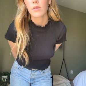 Black Ribbed Ruffle Mock Neck Crop Top